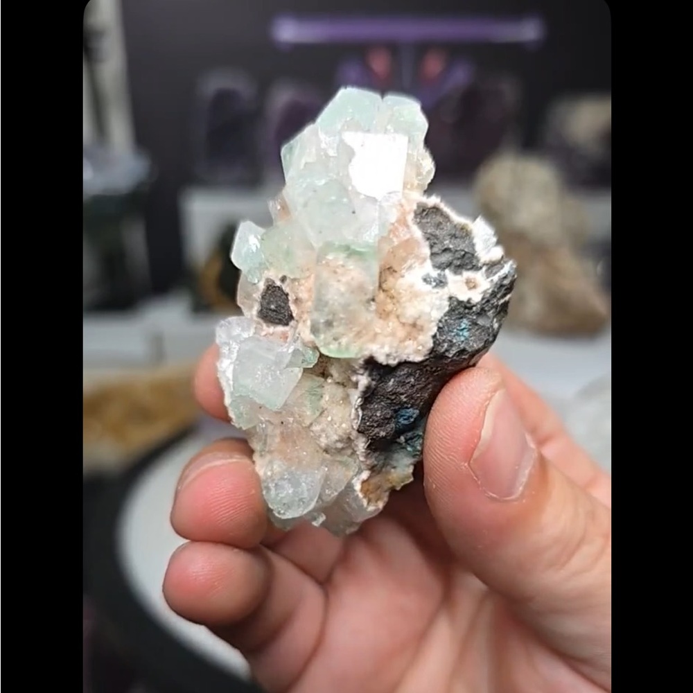 Aquamarine beryl on peach stilbite raw mineral specimen